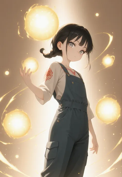 Masterpiece, Best Quality, Newest, Safe, Good Anatomy, Good Resolution, Good Lighting. Beautiful, Anime, Normal. Girl, Black Hair, Hairstyle, One Braid. Light Gray Eyes. Black Eyelashes, Fair Skin. Adorable, She is 8 Years Old, Height 1'28 cm. Looking at V...