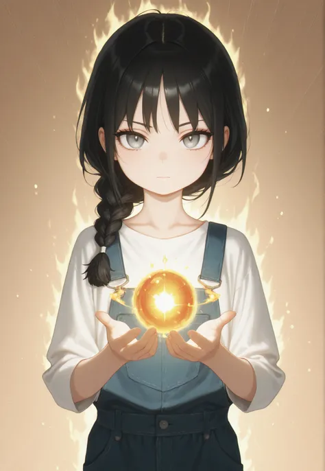 Masterpiece, Best Quality, Newest, Safe, Good Anatomy, Good Resolution, Good Lighting. Beautiful, Anime, Normal. Girl, Black Hair, Hairstyle, One Braid. Light Gray Eyes. Black Eyelashes, Fair Skin. Adorable, She is 8 Years Old, Height 1'28 cm. Looking at V...