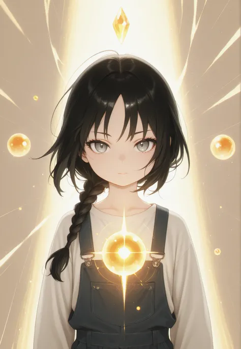 Masterpiece, Best Quality, Newest, Safe, Good Anatomy, Good Resolution, Good Lighting. Beautiful, Anime, Normal. Girl, Black Hair, Hairstyle, One Braid. Light Gray Eyes. Black Eyelashes, Fair Skin. Adorable, She is 8 Years Old, Height 1'28 cm. Looking at V...