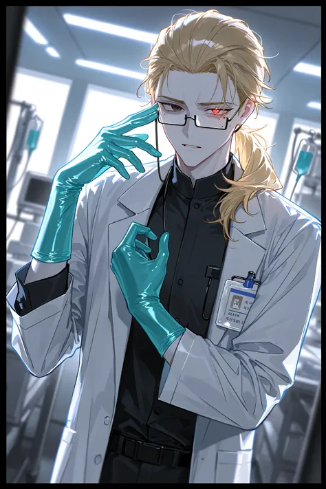 HospitalWA, indoor,xxx667_illu,((1 male character)) The middle-aged man is a scientist. He has pale skin, an athletic masculine build and manly physique. He has a mole under his eye. He has a handsome face with Asian features. He has red-brown eyes with he...