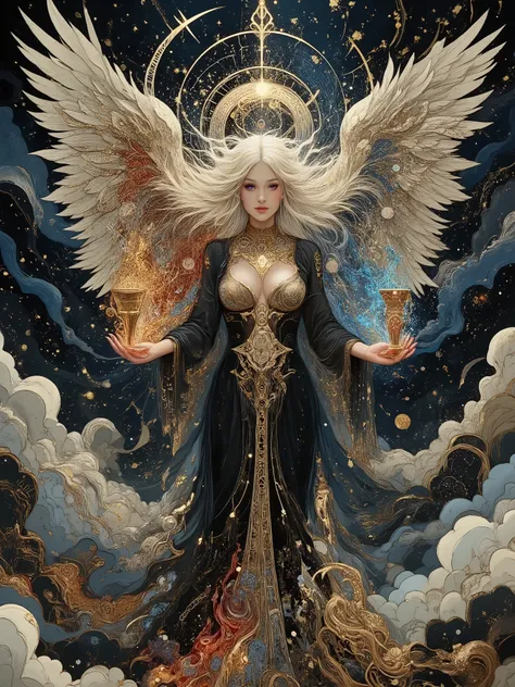  Done with art nouveau art mosaic style. An alluring, luminescent goddess with a slender yet shapely physique, adorned in a diaphanous, intricately embroidered black toga with sacred equations and esoteric symbols woven in shimmering gold and silver thread...