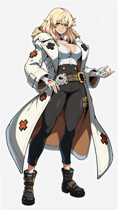 White background, solo, 1girl, Taylor Swiftx smile, white fur coat, white shirt, black pants, black boots, hand wraps, standing, Guilty Gear Strive artstyle
