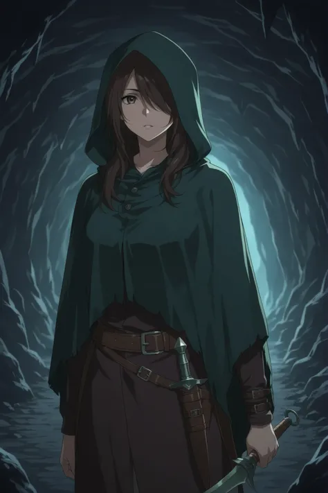 1woman,fight in cave,adventurer,assashine,black brown hair,hair over one eye,dark green hooded cloak, holding a dagger,poison dagger, scary evil effect, anime style, vibrant colors, highly detailed, soft lighting,