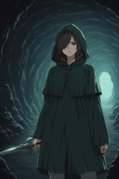 1woman,fight in cave,adventurer,assashine,black brown hair,hair over one eye,dark green hooded cloak, holding a dagger,poison dagger, scary evil effect, anime style, vibrant colors, highly detailed, soft lighting,