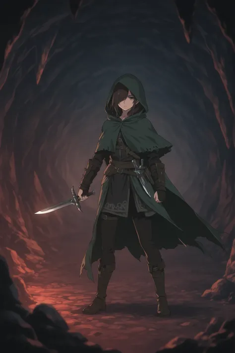 1woman,fight in cave,adventurer,assashine,black brown hair,hair over one eye,dark green hooded cloak, holding a dagger,poison dagger, scary evil effect, anime style, vibrant colors, highly detailed, soft lighting,