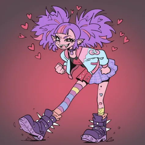 a tsundere evil looking adult vampire woman with spikey unkempt hair, grinning evilly, showing her fangs, wild look in her eyes, bubblegum pop punk look to her, wild hair, wearing a colorful patchwork outfit, layers of skirts and jackets and socks and stoc...