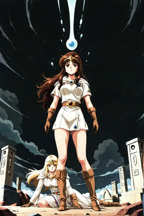 1girl, Ki fron Tower of Druaga, with brown hair and fair skin, slender, wearing a white tunic, long brown gloves and tall brown hide boots, standing on the ground, being summed by the Goddess Ishtar, blonde goddess in white robe floating in the air, in ful...