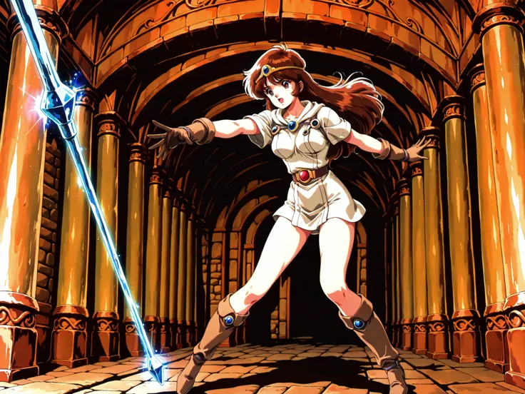 1girl, Ki fron Tower of Druaga, with brown hair and fair skin, slender, wearing a white tunic, circlet, long brown gloves and tall brown hide boots, reaching out to touch a floating rod with a blue crystal tip, inside a Babylonian temple. in full view in a...