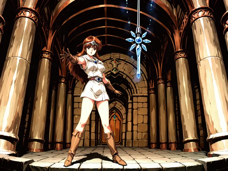 1girl, Ki fron Tower of Druaga, with brown hair and fair skin, slender, wearing a white tunic, circlet, long brown gloves and tall brown hide boots, reaching out to touch a floating rod with a blue crystal tip, inside a Babylonian temple. in full view in a...