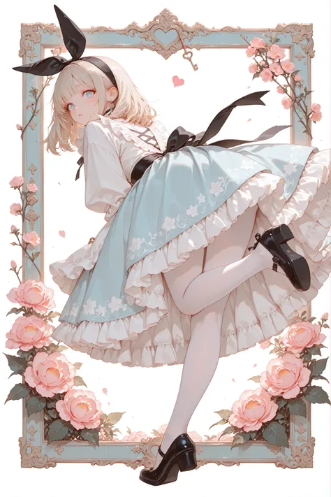 score_9, masterpiece, best quality, 8k, 1girl, pale color,pastel torns,bright blue pallet,beautiful elegant young girl,lolita fashion, light blonde hair,medium hair,blunt bangs,black big ribbon hairdress, bright blue eyes,big eyes,tareme,traditional-Chines...