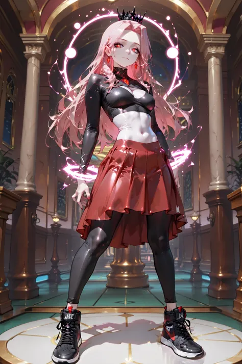 masterpiece, best quality, amazing quality, very aesthetic, high resolution, newest, hyper-detailed, solo, female character, mature woman, pale skin, long hair, pink hair, leggings bodysuit, red skirt, nike shoes, black crown on his Head, jewelry, standing...