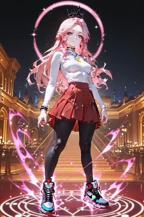 masterpiece, best quality, amazing quality, very aesthetic, high resolution, newest, hyper-detailed, solo, female character, mature woman, pale skin, long hair, pink hair, leggings bodysuit, red skirt, nike shoes, black crown on his Head, jewelry, standing...