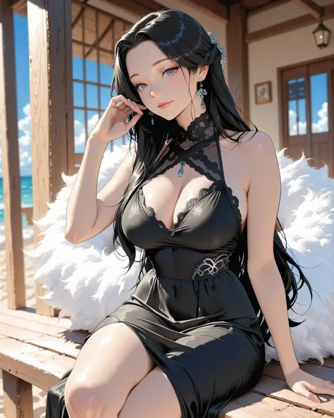 Nostalgic Style、Enchanting and sexy、Big Wave Super Long Hair、Mature Hairstyle、Mature Big Waves Fluffy Beach、 has been loaded、White Fluffy Fur、Deep V Sleeveless Black Dress、gentle mature、Sitting in front of the porch