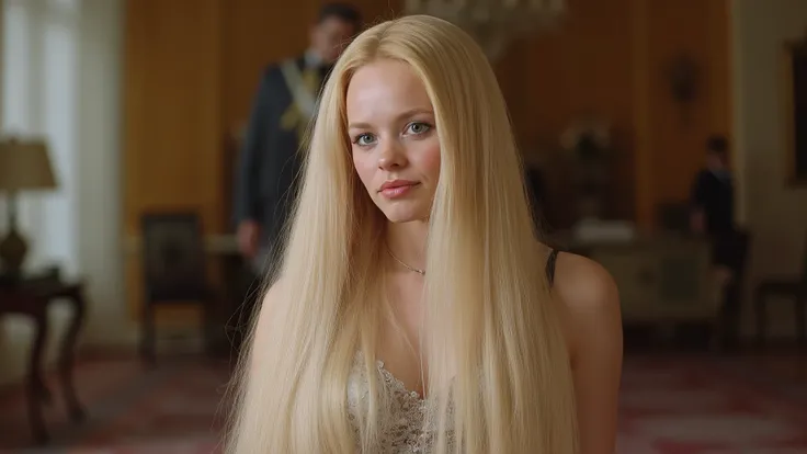 In 25th century , realistic photo, Rapunzel hair, light Golden  hair, girl with big and firm breasts, light golden  hair, Very Beautiful and young girl face, sexy short see thru lace bodysuit,  sexy short see thru lace mini skirt design, Beautiful set, see...