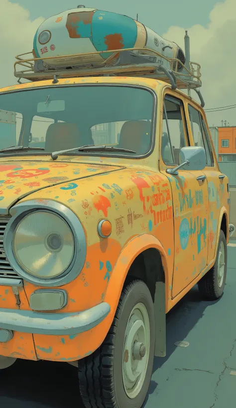 Close up of a car with a colorful design on the hood, happy!!!, shusei nagaoka, c 4 d ”, naoki ikushima, Akihiko Yoshida」, a wonderful!, 2014, 2 0 1 4, 2013, Kishimoto Masashi, pixiv contest winners, nico tanigawa, :3