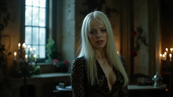 The image depicts a high-quality, HD representation of a pale-skinned vampire lady with striking long white hair cascading down her shoulders. She is elegantly draped in a black and gold silk suit that resembles the intricate patterns of a spider's web, sh...