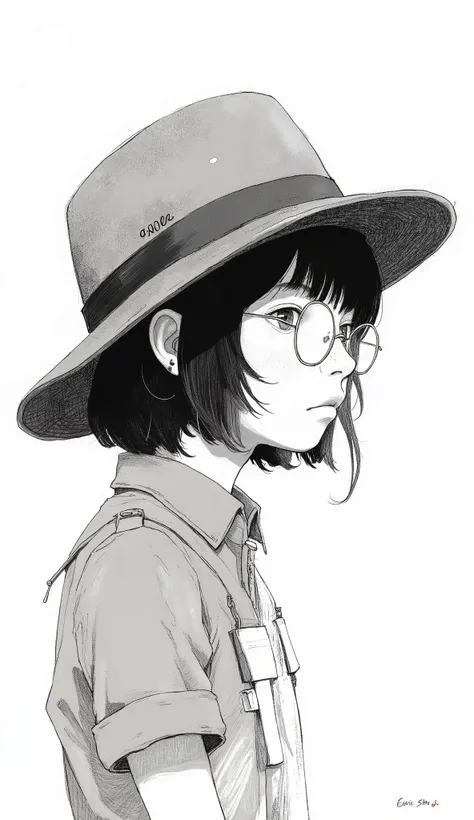 rough drawing of a person wearing a hat and glasses, Miura Kentaro style manga style, youth cartoon portrait, anime girl anime style 4k, Miura Kentaro manga style , Miura Kentaro manga style , Black and white cartoon-style , in , anime girl portrait pr...