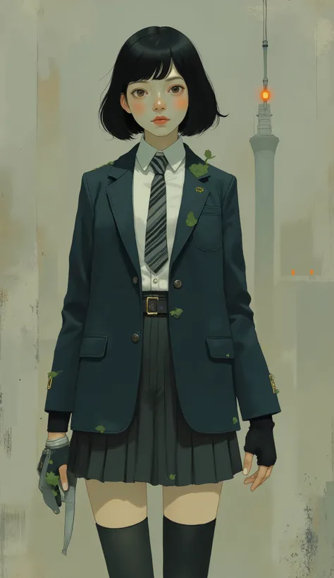 フォーマルでありなbutらスタイリッシュな衣装を着たキャラクター. The character wears a dark navy blazer over a white shirt with a collar, Styled with 、and a black and white striped tie. The outfit elegantly matches similar pleated skirts Dark hues, and knee-length. High stockings that e...