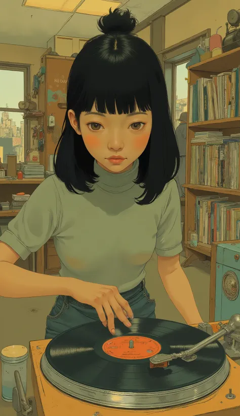 There is a woman playing a record in a room, loffy girl, record store girl, Satoshi Kon's art style, Satoshi Kon style , by Satoshi Kon, By Yanagawa Nobumasa, inspired by Sato Kon , shintaro kago, lo-fi art style, Tatami Galaxy, satoshi kon anime