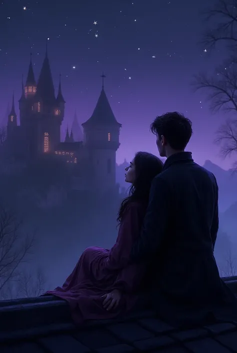 A young vampire and a mortal girl are sitting on a roof, looking up at the starry night sky. The girl is leaning on the shoulders of the vampire, and he is gently hugging her. Far away, The castle of the vampire is illuminated with sparkles, but still has something nostalgic. The image is in purple and blue tones, with a romantic air, warmly and emotionally, evokes the feeling of a love that transcends the boundaries of life and death.
