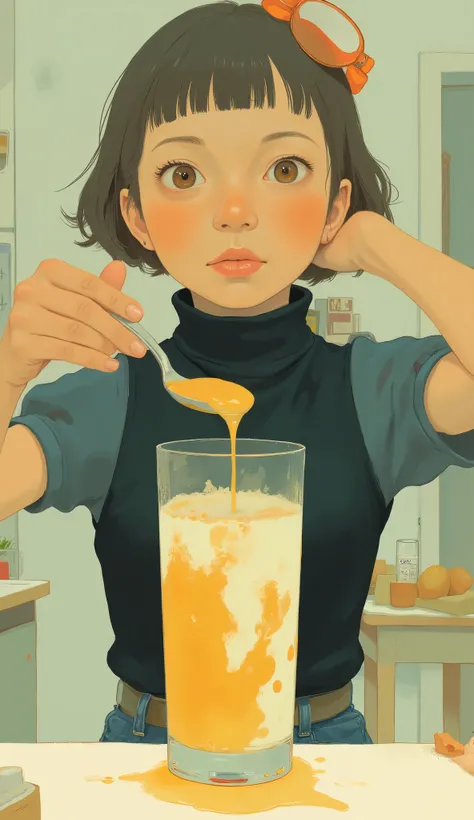 someone is pour an egg into a glass with a spoon, Spilling juice , pour, egg yolk, Art Style : with hands raised behind the head, Dripping milk, Spill ketchup, dripping honey, soft anime illustration, some pour techniques, [ is forgetful ], Reusch |, pixiv...