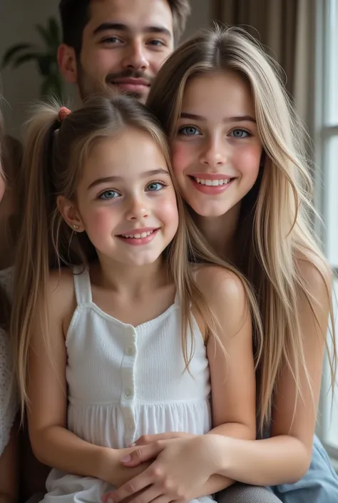 Hari nostalgia. A happy family with A very beautiful and cute blonde young girl is getting together very happily. Home sweet home, (karya agung:1.3,8k:1.3,Kualitas Tertinggi:1.3,detail:1.3,resolusi tinggi:1.3,lukisan digital,sangat detail), practice, Foto yang jelas, detail realistis, highly detailed background, Very clear background.