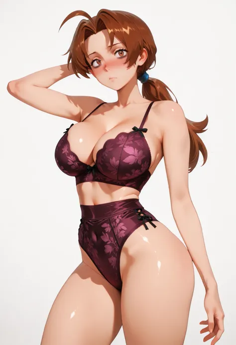 deliaketchum, brown hair, brown eyes, parted bangs, ahoge, ponytail, low ponytail, Solo, Delia Ketchum from Pokémon, BIG BREASTS , shiny skin, shiny hair, shiny body, clear body, white background, empty background, ,, , DYNAMIC POSE , white background, emp...