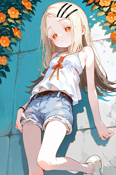 high quality　masterpiece　Detailed Explanation　1 girl (Shinosawa_Hiro) slim body　small breasts　(hiro,slender,orange eyes,white eyelashes,blonde hair,brown hair,long hair,hairclip,white camisole,sleeveless,denim shorts,belt,white footwear)  cute　(concrete wa...