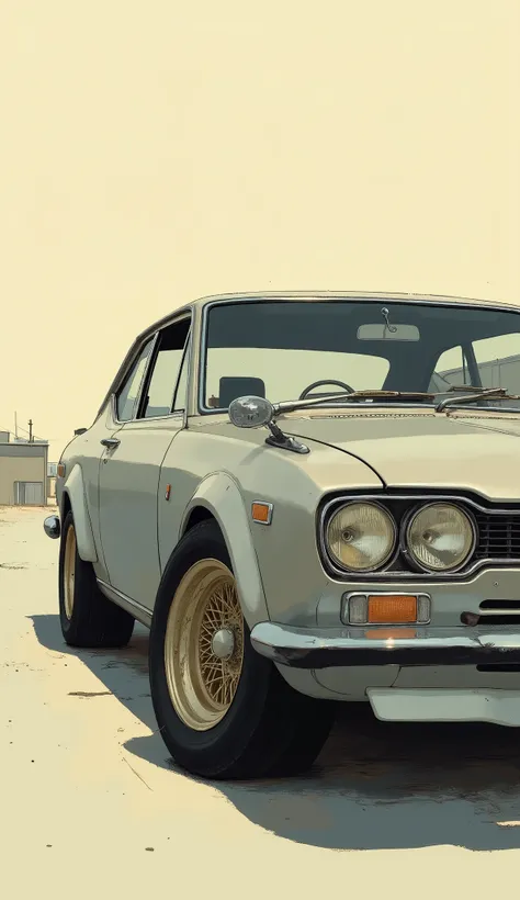 classic car, drawn with, Nissan Skyline 2000GT-R、. この洗練された車両teeth、It features round headlights and a characteristic grille with a small red GTR badge. フロントにteeth、popular design elements from the late 1960s to early 1970s are on display, teeth、digital art、....