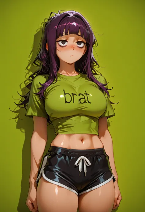 masterpiece, high quality, detailed 1girl, jirouSDXL jirou kyouka short dark purple hair black eyes, BIG BREASTS , shiny skin, shiny hair, shiny body, clear body,, empty background, ,, , DYNAMIC POSE ,, empty background, BAGS UNDER EYES, LARGE BREASTS,, ST...