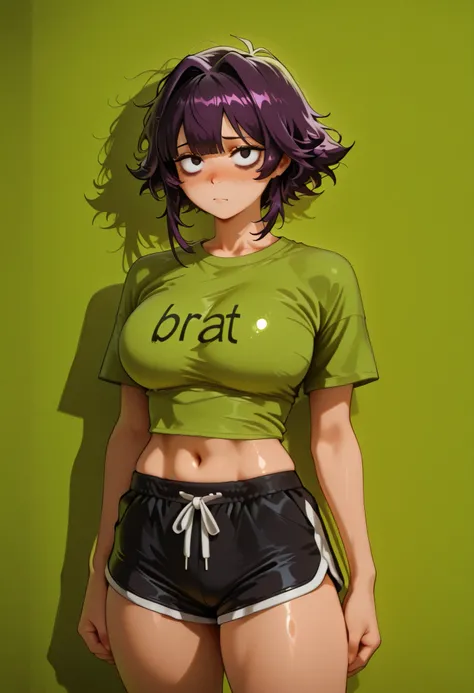 masterpiece, high quality, detailed 1girl, jirouSDXL jirou kyouka short dark purple hair black eyes, BIG BREASTS , shiny skin, shiny hair, shiny body, clear body,, empty background, ,, , DYNAMIC POSE ,, empty background, BAGS UNDER EYES, LARGE BREASTS,, ST...
