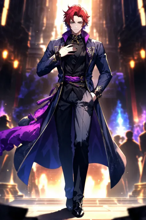 A slim Male figure stands adorned in a visually striking outfit that combines elements of fantasy and futuristic design. Their attire is dominated by a long, flowing black and blue coat with luxuriant,, fluffy blue trim along the collar and cuffs, adding a...