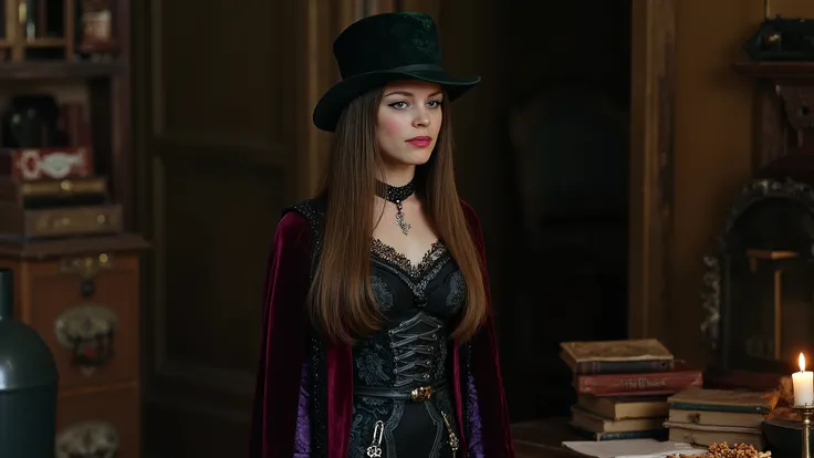 A woman dressed in goth fashion, with long black and dark purple robes, intricate silver and black lace patterns, a deep red cloak with a black trim, a black leather belt with silver buckles, a silver choker with a pendant, and a dark green hat with a blac...