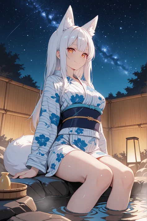 {{着物}},{{女性}},{{Woman in Japanese Kimono}}, ultra-aesthetic, anime style,kimono, smile,white_fox_ears, white long hair, white_fox_tail,{best quality}, {very aesthetic}, {ultra-detailed}, {best illustration},nsfw,複数の尻尾,紅葉,こちらを向く,胸をはだける,open legs,1boy,onsen,...
