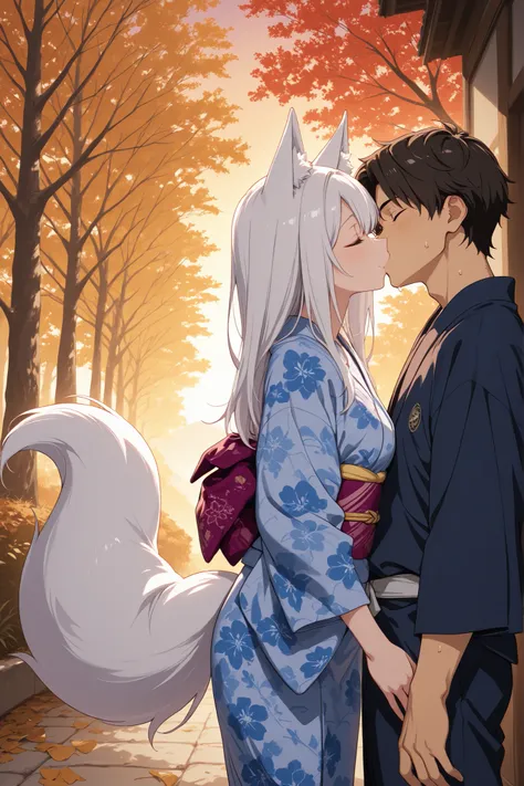 {{着物}},{{女性}},{{Woman in Japanese Kimono}}, ultra-aesthetic, anime style, smile,white_fox_ears, white long hair, white_fox_tail,{best quality}, {very aesthetic}, {ultra-detailed}, {best illustration},nsfw,複数の尻尾,秋,evening,{{紅葉}},こちらを向く,胸をはだける, girl, being i...