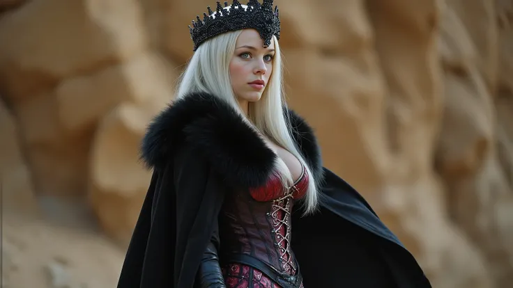8k hyper realistic, cinematic, dslr, luis royo style,  a blend of sharon stone,  kristanna loken, margot robbie, as the young gothic warrior queen stands victorious, her raven tresses loose beneath the black crown, fair skin contrasting with piercing light...