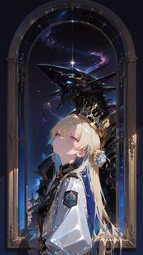 Solo, 1 beautiful female, Beautiful face, Sapphire eyes, Highest quality blonde hair, Highest quality cyan hair, Colored inner hair, Very long hair, From the side, Upper body, Looking somewhere, Smile, Gold crown, (Black and blue military uniform), Put on ...