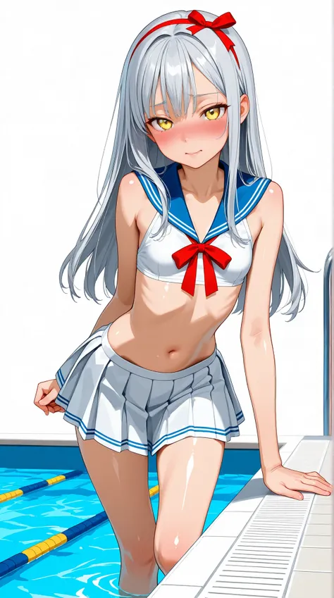 8K (high resolution) (Super Detailed)　(masterpiece)　(Highest Quality)　animation illustration　detailed eyes　detailed face　Feminine Detailed Hands　Delicate hair　 detailed wrinkles on clothes　fine skin　detailed background　solo　yellow eyes　(Grey Hair)　Long hai...