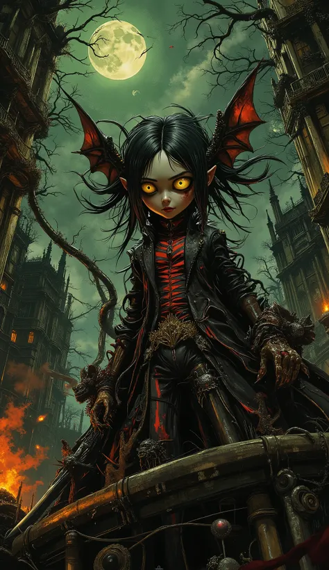 A Tim Burton-style vampire aristocrat with large haunted yellow eyes, sharp long fangs, and incredibly long animated black hair that moves like separate creatures. A Gothic striped dress (blood-red and black stripes), deathly pale doll proportions with exa...
