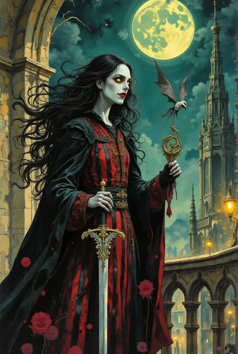A Tim Burton-style vampire aristocrat with large haunted yellow eyes, sharp long fangs, and incredibly long animated black hair that moves like separate creatures. A Gothic striped dress (blood-red and black stripes), deathly pale doll proportions with exa...