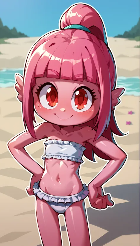 ((pink hair, blunt bangs))