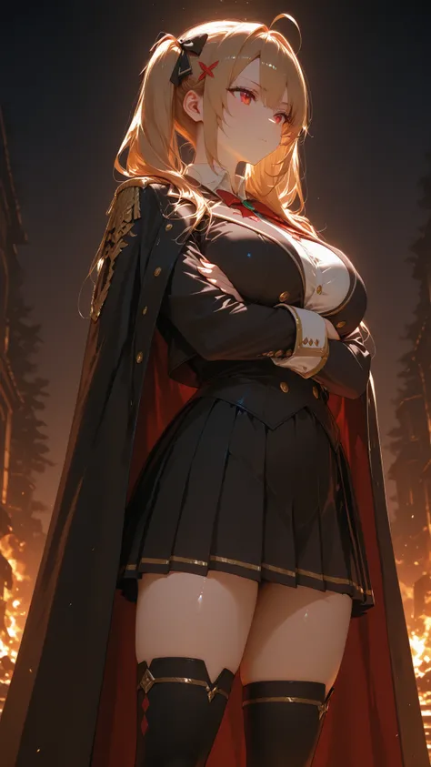masterpiece,Highest Quality,1 girl,twin tails,lace hair bow,Blonde,detailed face,red eyes in the center of the lake,grins,shiny skin,Contrast Post,standing with arms crossed,Black military uniform,Napoleon Jacket,standing collar ,black design shirt,pleated...