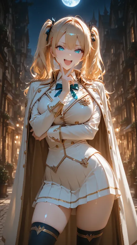 masterpiece,Highest Quality,1 girl,twin tails,Blonde,blue eyes,looking at the camera,laugh gently,v over mouth,shiny skin,contrapposto,standing with arms crossed,Black military uniform,Napoleon Jacket,standing collar ,black design shirt,pleated skirt isola...