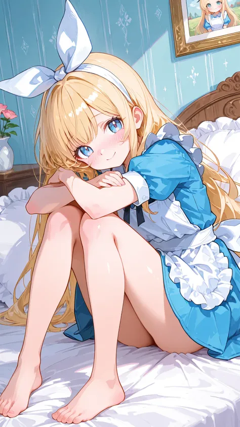 1girl, alice in wonderland, anime-style, modified blue dress with short skirt, white apron loosely tied, white bow headband, long silky blonde hair, large sparkling blue eyes, dainty features, moe and kawaii style, w-sitting pose on bed, bare legs, barefoo...