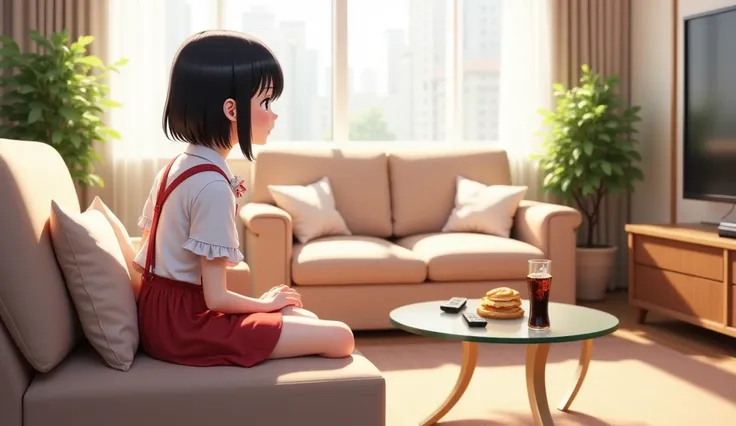 A petite elementary school girl with black bob hair, wearing a white ruffled blouse and red suspender skirt, sits on a living room sofa, hugging a square cushion, watching TV. The living room also features a glass coffee table, a three-seater sofa, and pot...