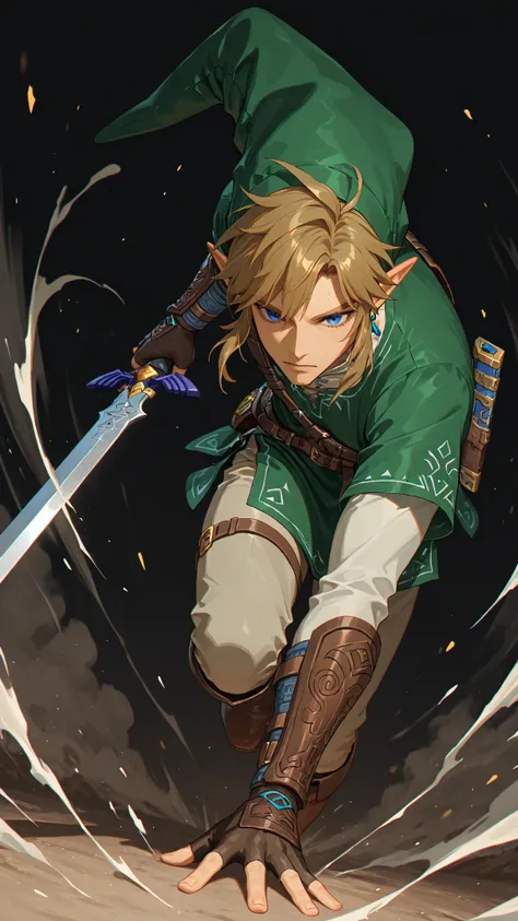 The Legend of Zelda、1man,link、having a sword,run at full speed, Jump high while holding a sword