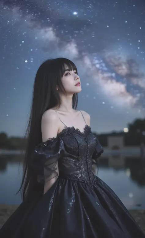 A stunning young woman with a delicate blend of Korean and Chinese beauty, sharp and elegant facial features, porcelain skin. She has very long, silky, jet-black hair with bangs. Her body is slender, with a modest chest, elegant proportions. She is wearing...