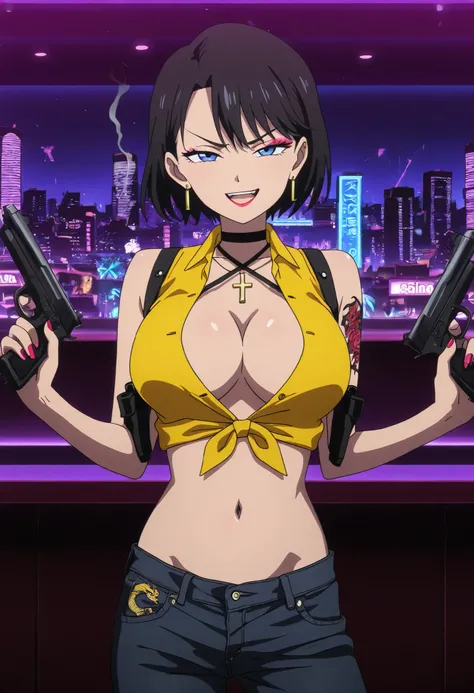 masterpiece, best quality, amazing quality, girl, short hair, black hair, blue eyes, loop earrings,,nail polish , , makeup , ear piercing , long hair , lipstick , Hot girl , baddie , smoking , sensual , attractive , choker , cross necklace , yellow top,...