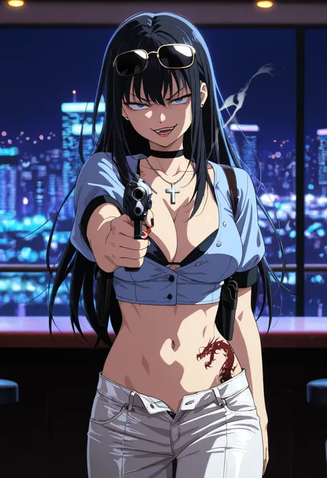 masterpiece, best quality, amazing quality, depth of field,  long hair, black hair, dark blue eyes, blue shirt, short sleeves, white pants, red lipstick, evil smile, angry eyes, path through the village, small japanese village, solo,nail polish , , makeup ...