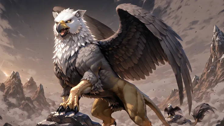 (masterpiece, detailed:1.2), highest quality, Ultra High Quality, 40k, Beautiful and Incredibly detailed majestic Griffon, detailed and delicately drawn griffin,
(detailed face), (detailed body), open mouth, roar,
majestic griffin, griffin head of a bald e...